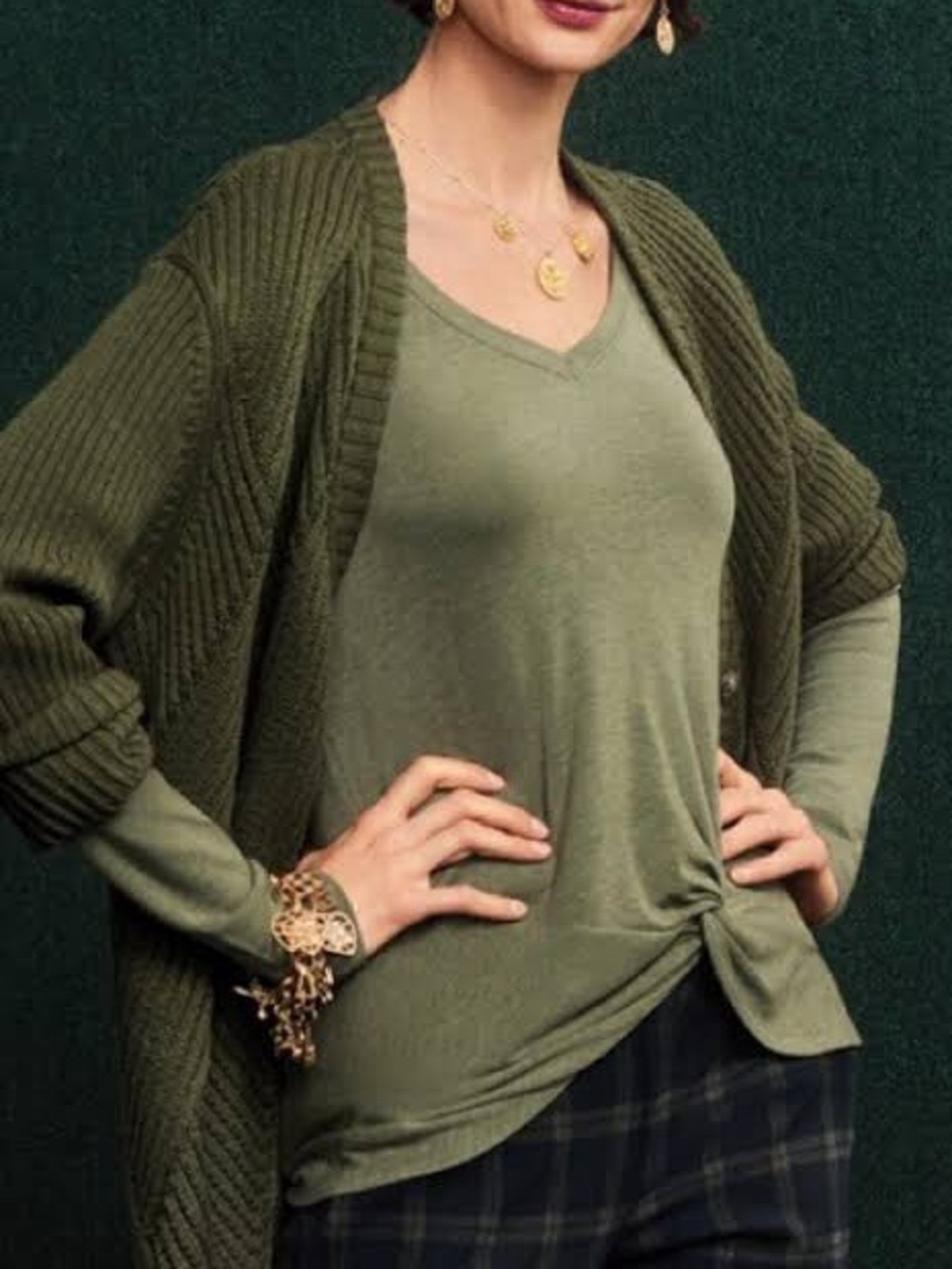 CAbi Long Sleeve Twist Knot V-Neck Top Size XS Olive Green Style 3623